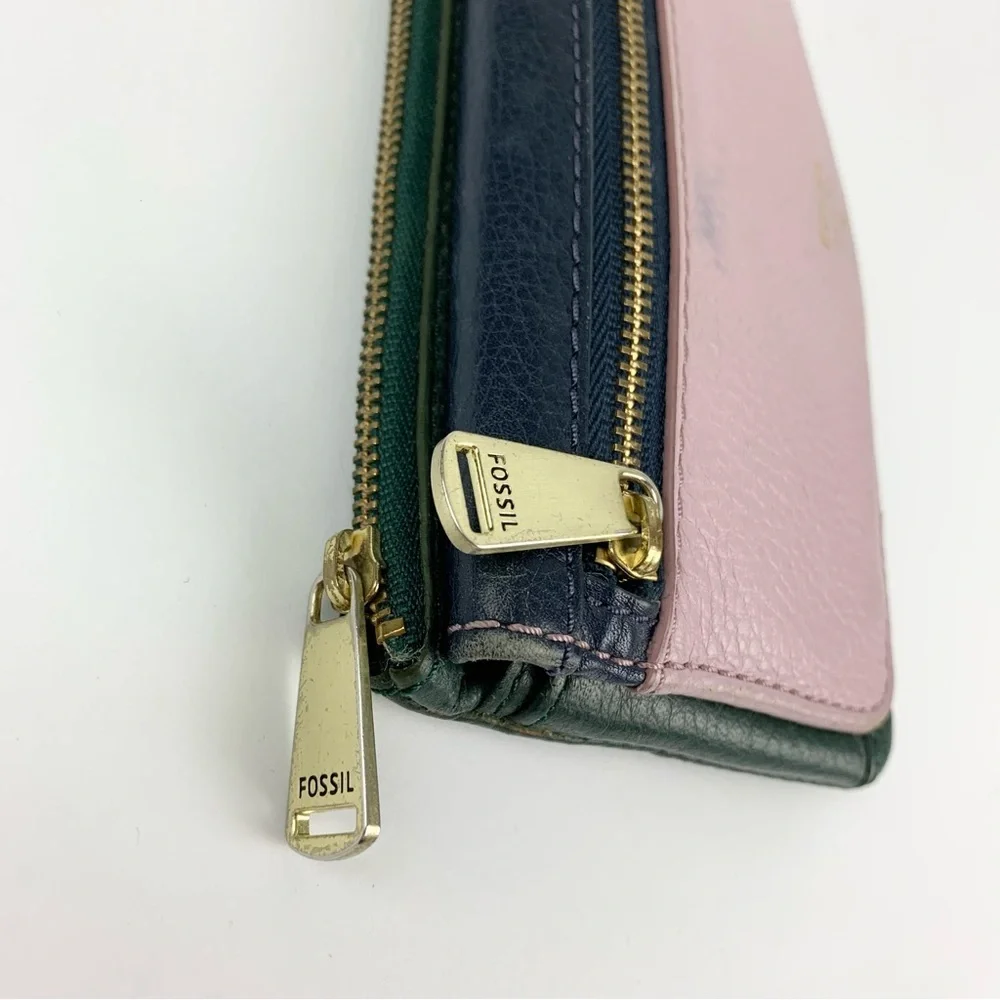 Fossil Purple Green Leather Multicolored Colorblock Bifold Wallet